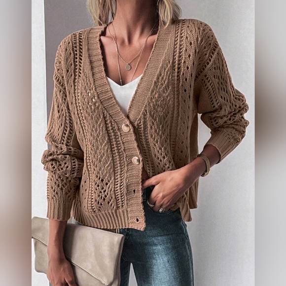 New Boho Open Knit Cardigan Sweater Tan Brown - Picture 7 of 9